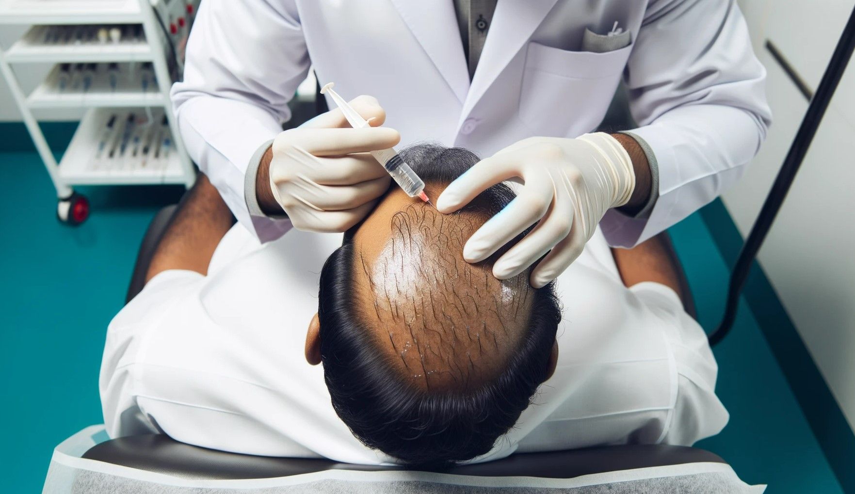 a medical professional in India administering PRP treatment on a patient's scalp