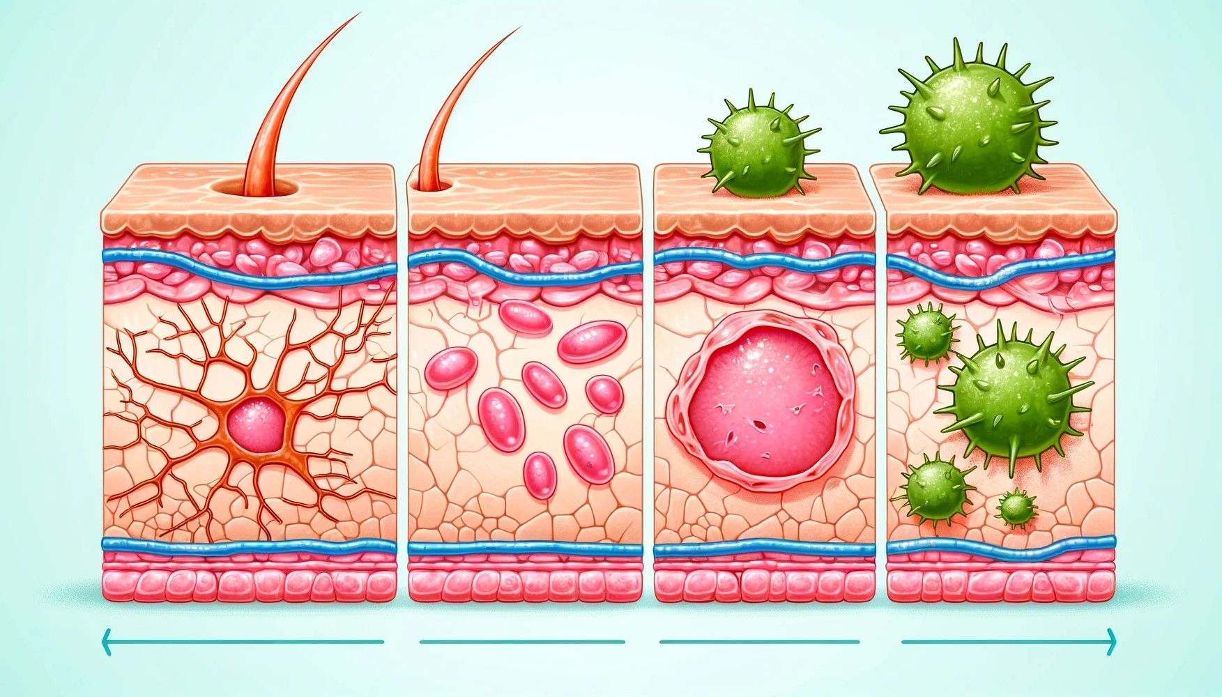 On the left, there's damaged skin with visible injuries; in the middle, stem cells are actively dividing and migrating; on the right, the skin appears healed and rejuvenated